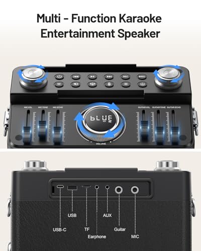 Image of Metfut Professional Karaoke Machine for adults with Bluetooth 5.3, 2 Wireless Mics, Portable Wooden Speaker PA System with Bass /Treble Adjustment for Backyard, Home Parties and Camping-Blue