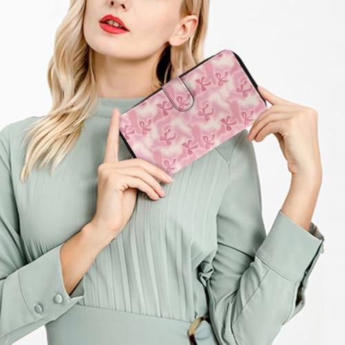 Image of COEQINE Ladies Wallets Pink Leopard Heart Black Printed Leather Phone Long Clutch Purses Check Coin Change Holder