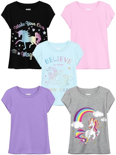 Image of QWE 5 Pack Girls Shirts Cotton Short Sleeve Shirts for Girls Graphic Kids Tops Tees Clothes Summer T-Shirts 5-12Y