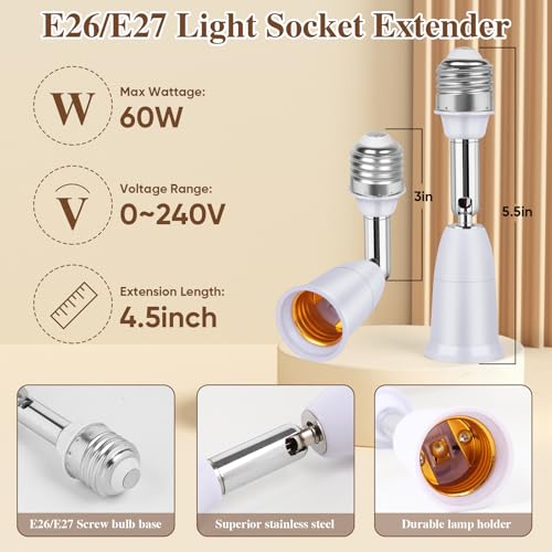 3 pack light socket extender e26e27 45 inch light socket extension vertical 180horizontal 350 adjustable medium screw base light bulb extension socket