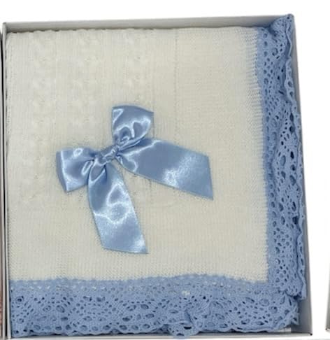 Genérico Manta de Bebé toquilla Primavera-Verano de HiloTejida, Lazo Decorativo, Diseño Elegante (Beige con puntilla Azul)