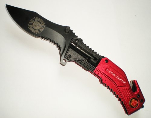 US FIRE FIGHTER FIRST IN, LAST OUT ASSISTED Opening RESCUE POCKET KNIFE LED Flashlight + Seat Belt Cutter