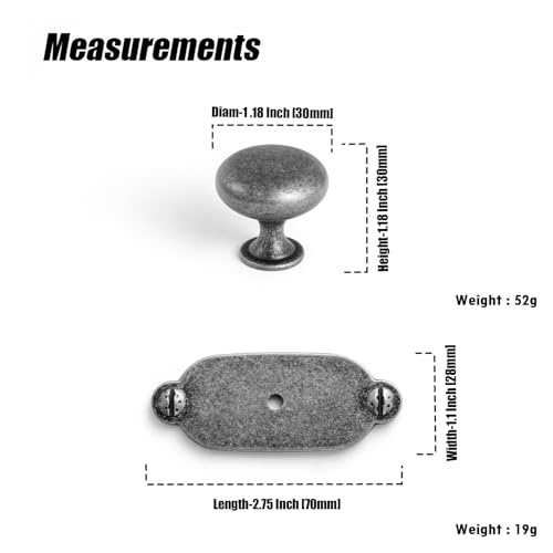 Image of Goo-Ki Weathered Nickel Zinc Alloy Cabinet Knob with Backplate - Single Hole Center Cabinet Pull Hardware for Bedroom, Kitchen, 12 Pack(8611-G013)