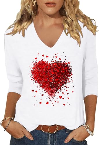 Image of Woffccrd Womens 3 /4 Sleeve V Neck T-Shirts Valentina's Day Spring Shirts Love Heart Printed Graphic Tees