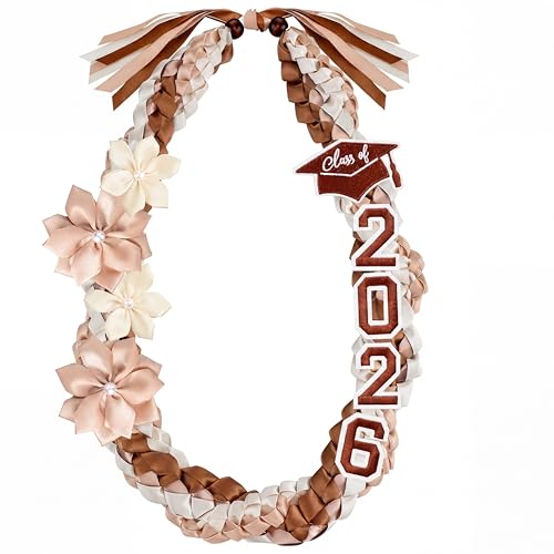 Lyrow Brown White 50 2026 Graduation Lei Double Braided Strands Graduation Ribbon Leis with 4 Satin Flowers Congrats Graduates Money Leis Class of 2026 Gift for Men Women