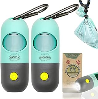 Dog Poo Pickup Bags Holder with LED Flashlight|Pet Waste Bags Dispenser with Lead Leash Clip|Dog Poop Trash Bags Carrier with Carabiner Fastener Elastic Rope LR44 Button Cells