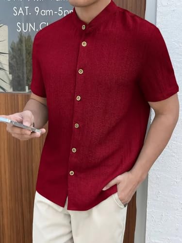 Image of Men's Solid Textured Half Sleeve Shirt with Stylish Buttons | Band Collar Casual Shirt for Summer Wear