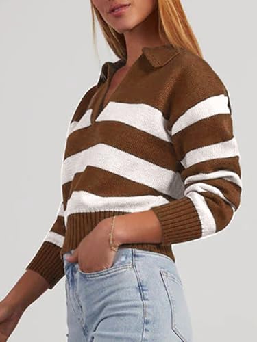 Mutitop Womens Striped Collared Sweater V Neck Long Sleeve Oversize Ribbed Knit Pullover Casual Fall Chunky Sweater4