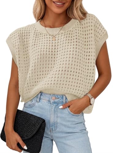 Chicrise Pullover Damen Rundhalsausschnitt Gehäkelte Netzoberteil Fledermausärmel Sommer Pullunder Boho Einfarbig Beige Klein 34-36 S