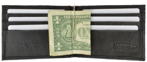 MARSHAL Men's Lambskin Leather Spring Money Clip Compact Bifold Wallet