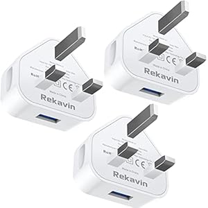 3 Pack USB Plug UK 3 Pin Mains Charger,Rekavin USB Wall Charger Plug Adaptor UK Compact Charge Head 5V/1AMP Charging for…