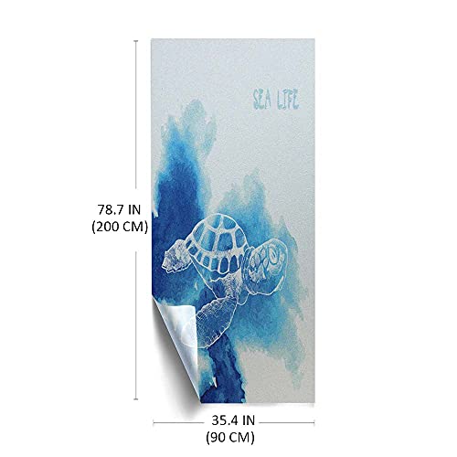 Turtle Pattern Window Film,Swimming Reptiles Drawn With Aquarelle Effect Sketch Style Animal Design Window Film Sun Blocking,For Bathroom Shower Kitchen Room Office,35.4" X 78.7" Navy Blue Pale Blue #TOP1