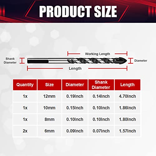 Wesleydrill Masonry Drill Bit Set 5 Pcs 1/4"-1/2" Concrete Drill Bit Set Fit For Home Diy Building And Engineering Suitable For Electric Drill Or Professional Drill #TOP1