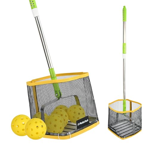 PICKLETECH Pickleball Ball Picker Upper - 20-Ball Large Capacity | 24-34' Telescopic Stainless Steel Handle | Lightweight Portable for Outdoor Courts, Easy Storage