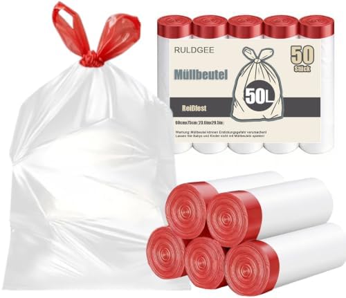 RULDGEE Reißfest Müllbeutel 50l mit Zugband 50 Stück Weiß Müllsäcke Große Mülltüten für Küche Abfallbeutel
