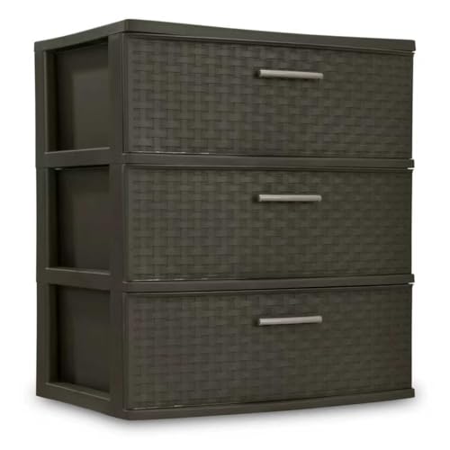 3 drawer wide woven storage cabinet, coffee colored