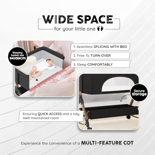 Image of Baby Comfortable 6-in-1 Baby Cot, Crib, Bedside Bassinet, Adjustable Height, Mosquito Net, Storage Basket, Wheels, and Mattress | Easy Folding, Unique Design-Charcoal Grey | Breathable Cloth