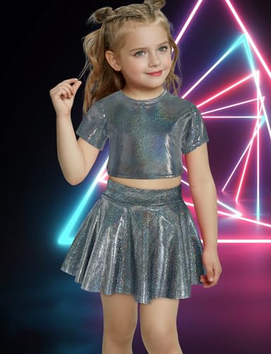 Image of Happy Cherry 2Pcs Kids Girls Shiny Metallic Short Sleeve Crop Top with Pleated Skirt Set Dancewear Performance Costumes