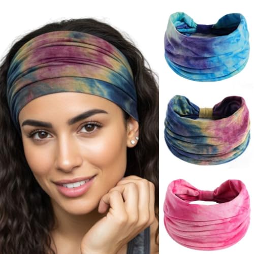 Image of XFYT Pack of 3 Tie-Dye Boho Chic Sports Hair Bands Performance Meets Fashion | Sweat Absorbent Soft Wide Head Bandana Girls Women Hairband for Yoga, Workout, Gym (Boho, Pack of 3)