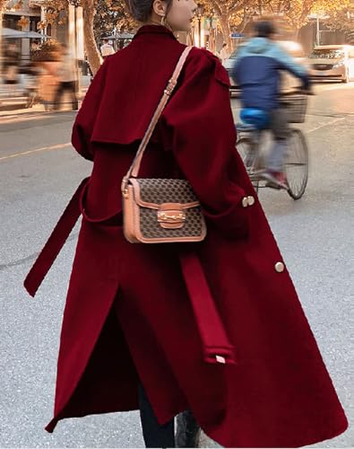 chouyatou Women's Winter Double Breasted Midi Long Wool Pea Coat Notch Lapel Winter Trench Coat - Image 3