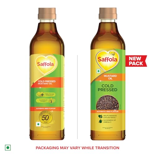 Image of Saffola Cold Pressed Mustard Oil | 100% Cold Pressed Mustard Seed Oil | Kachi ghani Mustard Oil, 0 trans fat, Unrefined, Chemical free | Helps Manage Cholesterol, Goodness of Omega 3 with Authentic Seed Flavour | 1L Pet Bottle