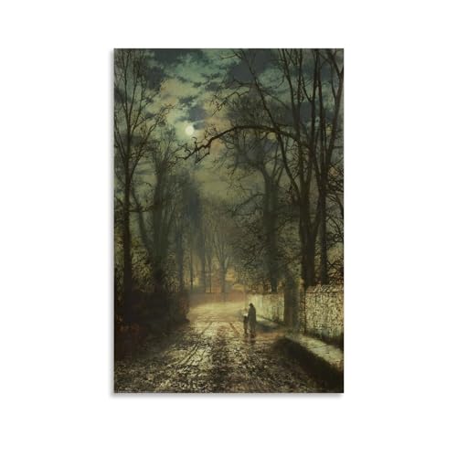WurBu John Atkinson Grimshaw Painter Works《A Moonlit Lane》Printed Posters Wall Art Gifts Bedroom Prints Home Decor Hanging Picture Canvas Paintings 16x24inch(40x60cm)