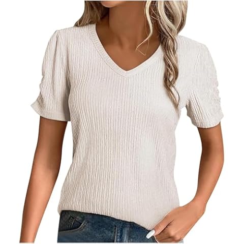 LIKEOULI Trendy Tops for Women 2025 Solid Color V-Neck Knitted Textured Sleeve Top Shirt Omens Vacation Outfits Cover