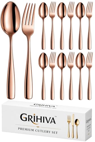Image of 12-Pcs. Rose Gold Cutlery Set - Luxury Stainless Steel Flatware Service for 6 with 6 Dinner Spoons & 6 Dinner Forks - Titanium PVD Coated Mirror Finish - Dishwasher Safe Silverware