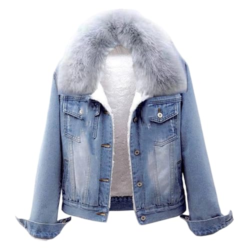 Veste en jean fourrée pour femme, doublée en polaire, avec col amovible fausse fourrure, bleu clair, taille XXL