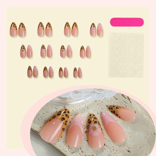 Image of French Tip Press on Nails Leopard Print Fake Nails Pink False Nail With 3D Stripe Design Flower Glue on Nails Glossy Acrylic Full Cover Medium Almond Stick on Nail for Women 24Pcs