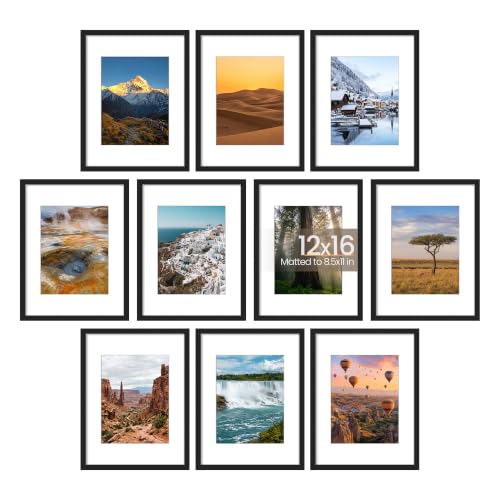 Image of upsimples 12x16 Picture Frame Set of 10, Display Pictures 8.5x11 with Mat or 12x16 Without, Multi Photo Frames Collage for Wall Display, Black | Fit 8.5x11 and 12 x 16 Photos, Wall or Tabletop Display, For Gallery Hallway Living Room, For Christmas