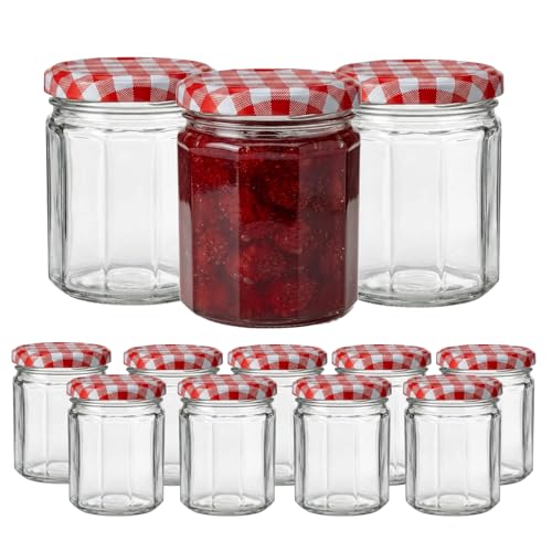 UNIQUE HOME LIVING Glass Jam Jars Set of 12 Wide Mouth 300ml Glass Preserve Jar with Screw Top Red Gingham Lids Airtight Jars for Homemade Jam Pickles Marmalade Chutneys Honey Jar