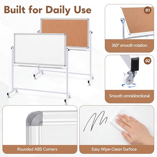 Image of Eersida 45''X 27.5'' Whiteboard Corkboard Combo on Wheels Stand