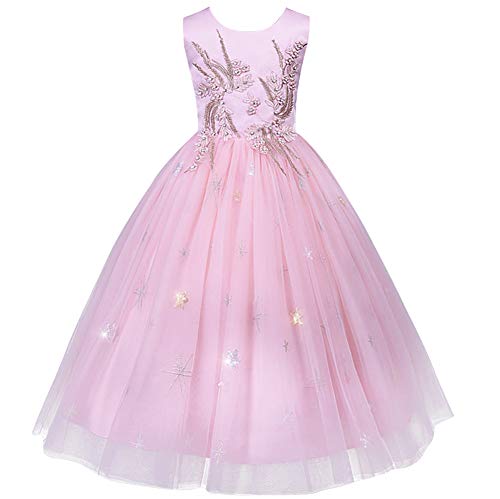 BAYSLOTY Elegant Flower Girl Lace Dress for Kids Wedding Bridesmaid Pageant Party Prom Formal Ball Gown Princess Puffy Tulle Dresses, Pink, 7-8 Years