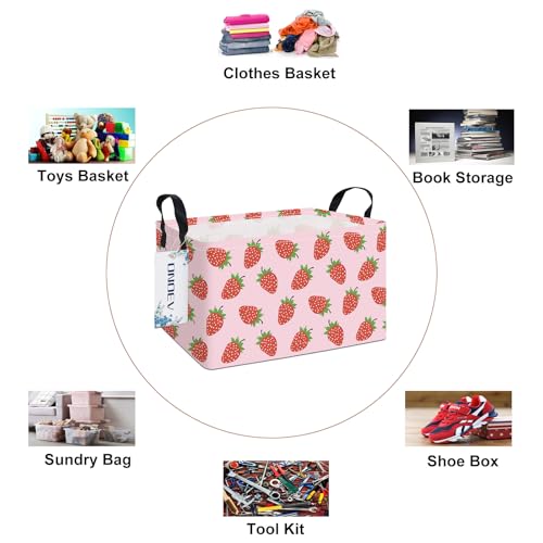 Image of Rectangular Strawberry Laundry Storage Bin for Adults and Kids | Damp resistant canvas fabric, sturdy stitched carry handles, foldable design organizes closet and playroom daily supplies