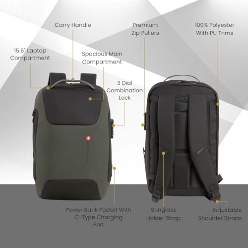 Image of SWISS MILITARY LUKE 23L 15.6 inch Laptop Backpack for Men & Women, Polyester, Padded Laptop & iPad Compartment, USB A & C Charging Port, TSA Lock, Multiple Quick Access Pockets, Keychain Holder