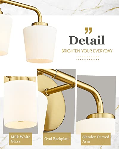 Image of Brushed Gold Bathroom Vanity Light, Farmhouse Brass Sconces Wall Lighting with Milk White Glass, 3-Light Bathroom Light Fixture Over Mirror, AD-22004-3W-GD