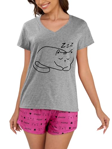 Image of VENTELAN Pajama Set For Women Cute PJS Summer Short Sleeve Shorts Sleepwear