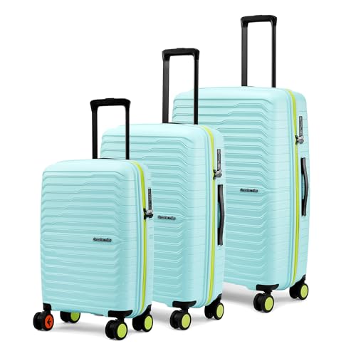 Image of Nasher Miles Cairo Hard-Sided Polypropylene Luggage Set of 3 | 55cm, 65cm & 75cm | 8 Wheels Small, Medium & Large Trolley Bag for Travel | Suitcase (Pastel Green & Neon)
