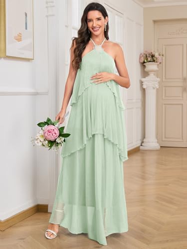 Image of AISWI Maternity Halter Neck Maxi Dress Sparkly Mesh Tiered Ruffle Pregnancy Gown with Flower for Baby Shower Photoshoot
