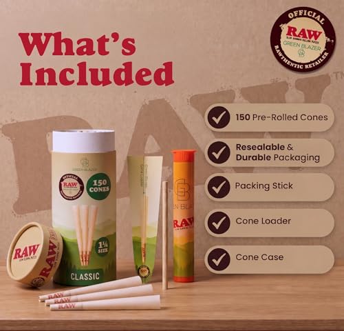 Image of RAW Cones Classic 1 1 /4 Size: 150 Pack Patented Slow Burning Pre Rolled Rolling Papers & Tips, All Natural Raw Paper, 84mm