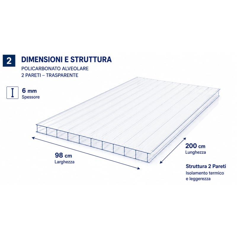 Policarbonato Alveolare 6 mm 200x98 cm Trasparente 5 Pezzi