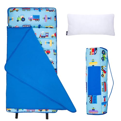 Wildkin 43-inch Kids Nap Mat – Soft Microfiber Toddler Sleeping Mat with Pillow - Trains, Planes, and Truck