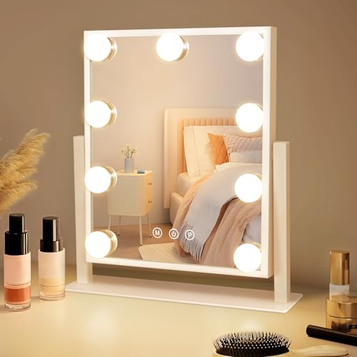 Mursche Espejo de maquillaje con iluminación Hollywood - Espejo de vanidad con 9 LED, 360° rotación, 3 modos, táctil, regulable