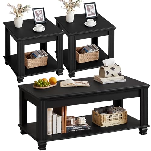 SAVOR LIFE Farmhouse Coffee Table Set of 3,Rustic Wooden Living Room Table Set,Large Coffee/End Side Tables with Open Shelf for Living Room,Black