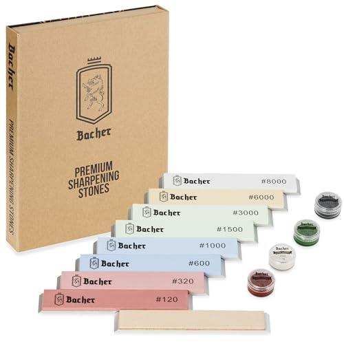 BACHER Corundum System Knife Sharpening Stone – 8 Stone Set #120 - #8000 + Correa de cuero para Angle Apex Edge, Ruixin y KKmoon Sharpening Systems