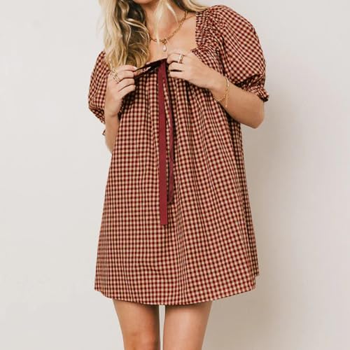 Image of Women Y2k Puff Sleeve Babydoll Dresses Square Neck Tie Back Mini Dress Summer Solid Off Shoulder Flowy Sundress