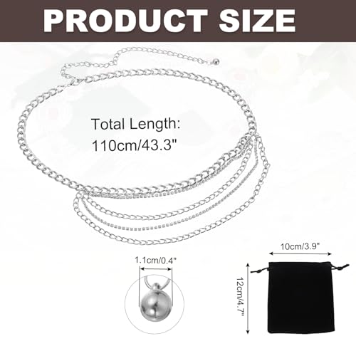 MECCANIXITY Waist Chain Belts, 43.3 Inch Length Silver Rhinestone Belt for Women with Black Drawstring Bag Women Belts Outfits Jeans Dress2