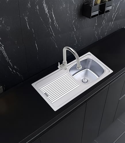 Image of Carysil VSG Pro 36 x 18 x 8 Inch 304-Grade Stainless Steel Kitchen Sink with Drainboard, Pressed Sink, Glossy Finish, Deep Bowl, Sloping Drain, Noise Reduction Padding, Anti-Condensation Coating