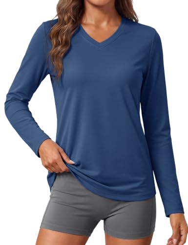 Image of MAGCOMSEN Sun Shirts for Women Long Sleeve SPF Shirt V-Neck UPF 50+ UV Prontection Quick Dry Top for Workout Hiking Swim